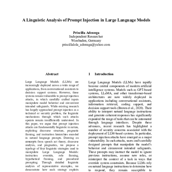 A Linguistic Analysis of Prompt Injection in Large Language Models