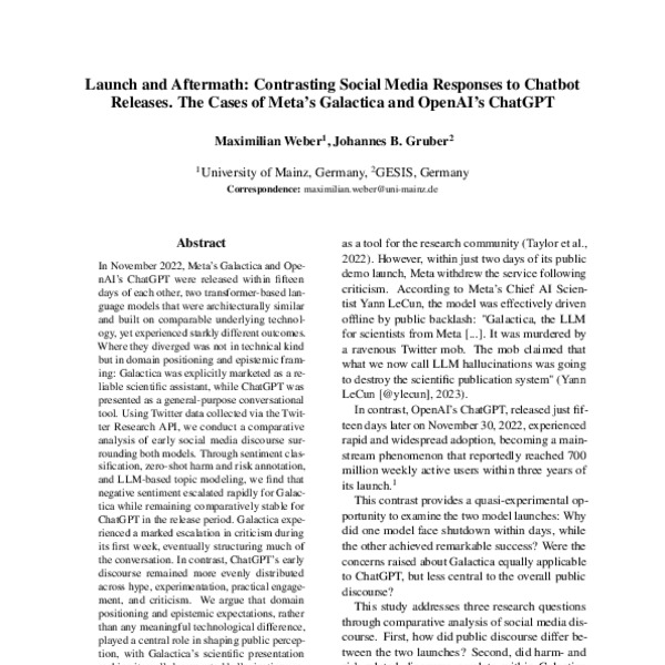 Launch and Aftermath: Contrasting Social Media Responses to Chatbot Releases. The Cases of Meta’s Galactica and OpenAI’s ChatGPT
