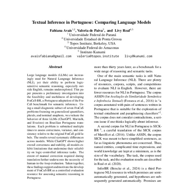 Textual Inference in Portuguese: Comparing Language Models - ACL Anthology