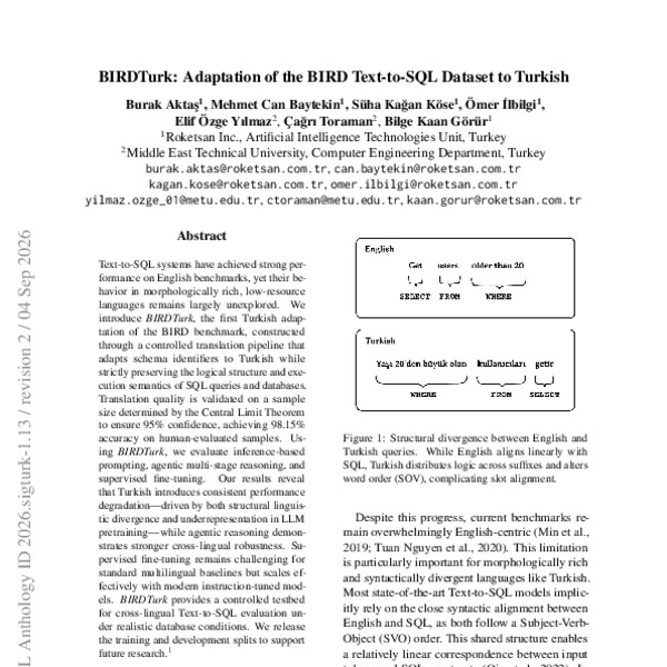 BIRDTurk: Adaptation of the BIRD Text-to-SQL Dataset to Turkish - ACL ...