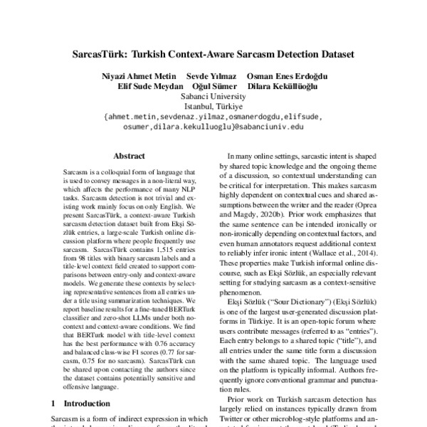 SarcasTürk: Turkish Context-Aware Sarcasm Detection Dataset - ACL Anthology
