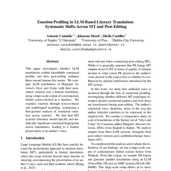 Emotion Profiling in LLM-Based Literary Translation: Systematic Shifts Across MT and Post-Editing