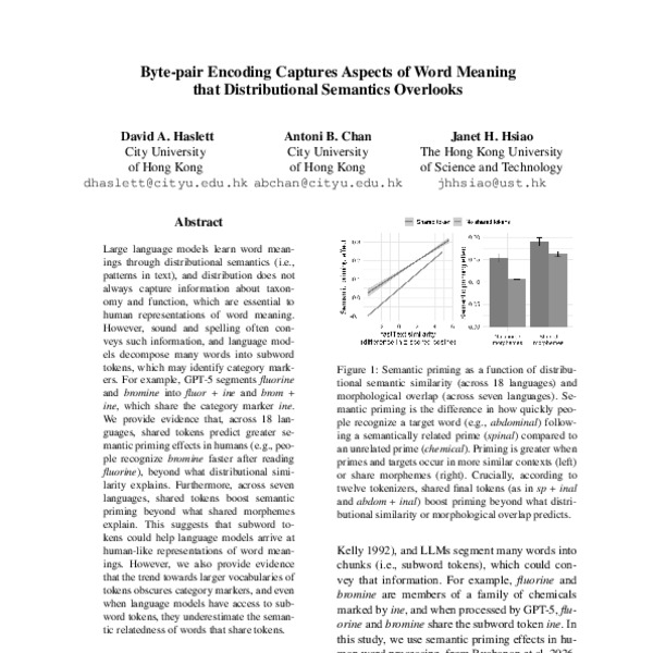 Byte-pair Encoding Captures Aspects of Word Meaning that Distributional Semantics Overlooks