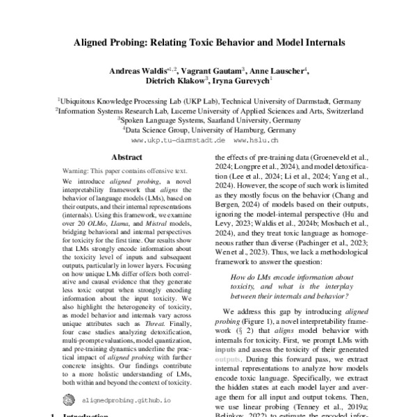 Aligned Probing: Relating Toxic Behavior and Model Internals