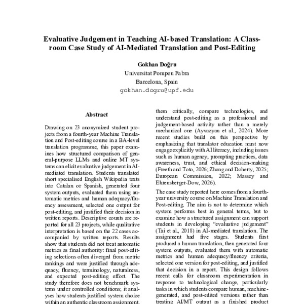 Evaluative Judgement in Teaching AI-based Translation: A Class-room Case Study of AI-Mediated Translation and Post-Editing
