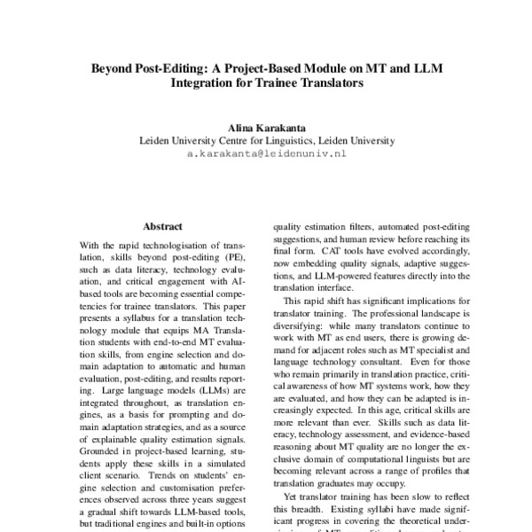 Beyond post-editing: A project-based module on MT and LLM integration for trainee translators