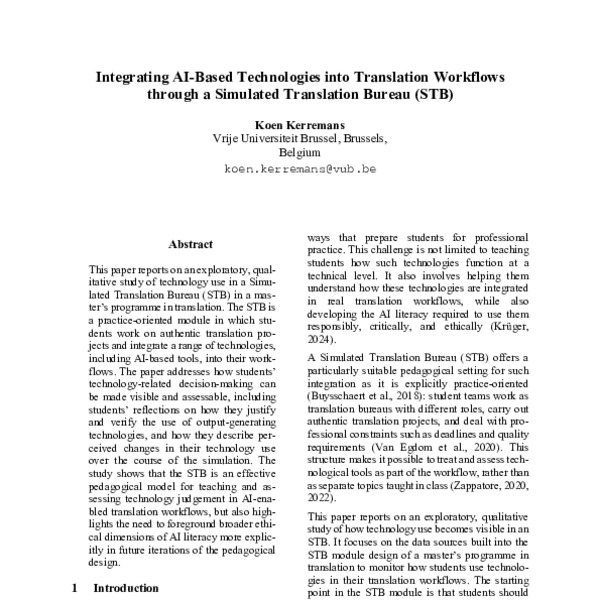 Integrating AI-based technologies into translation workflows through a Simulated Translation Bureau (STB)