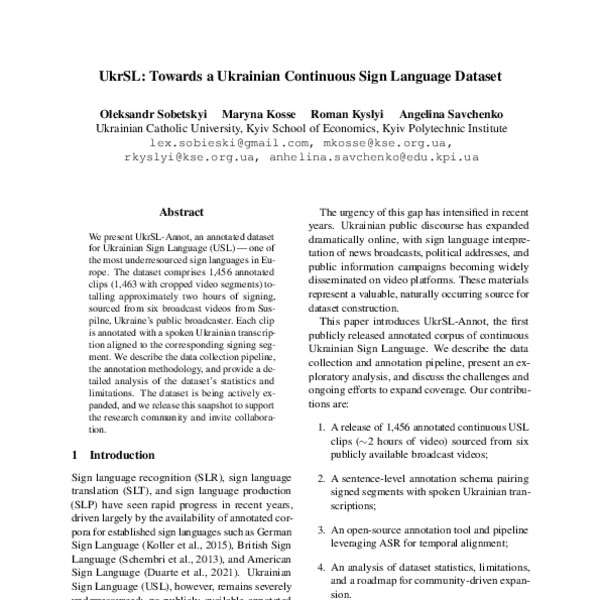 UkrSL: Towards a Ukrainian Continuous Sign Language Dataset - ACL Anthology
