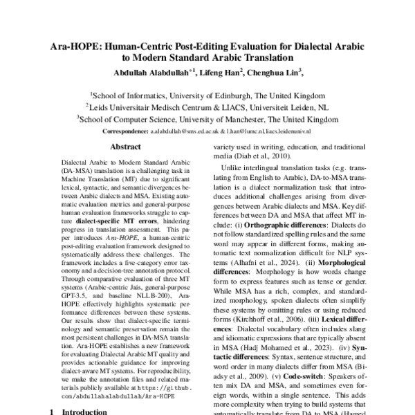 Ara-HOPE: Human-Centric Post-Editing Evaluation for Dialectal Arabic to ...