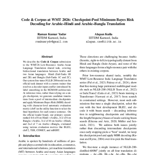 Code & Corpus at WMT 2026: Checkpoint-Pool Minimum Bayes Risk Decoding ...