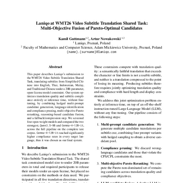 Laniqo at WMT26 Video Subtitle Translation Shared Task: Multi-Objective ...
