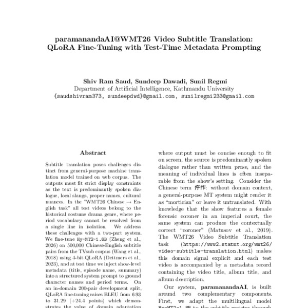 paramanandaAI@WMT26 Video Subtitle Translation: QLoRA Fine-Tuning with ...