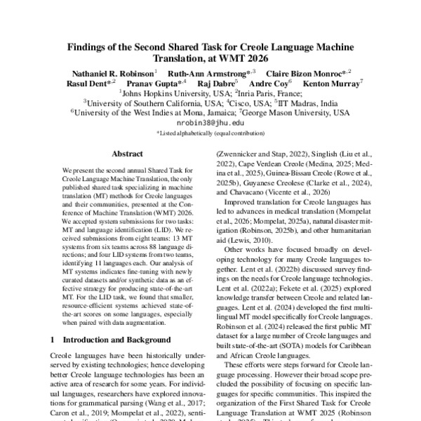Findings of the Second Shared Task for Creole Language Machine ...