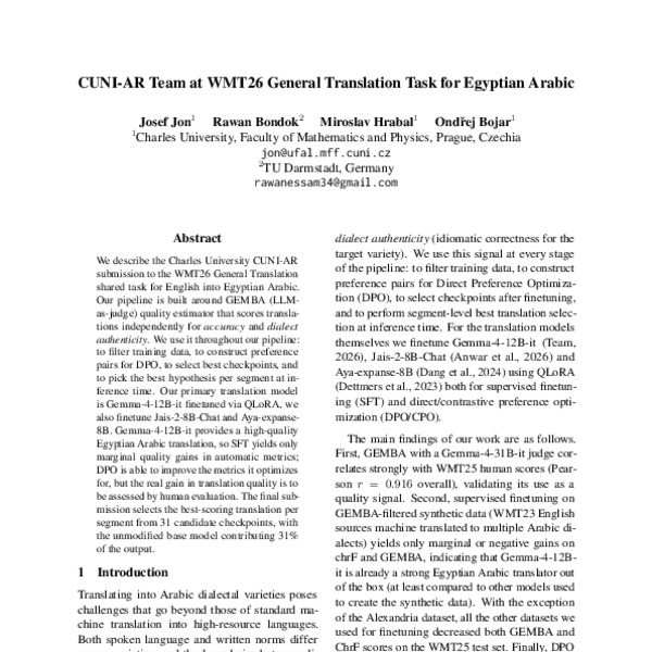 CUNI-AR Team at WMT26 General Translation Task for Egyptian Arabic ...