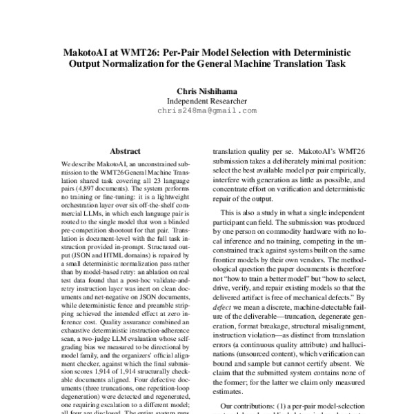 MakotoAI at WMT26: Per-Pair Model Selection with Deterministic Output ...