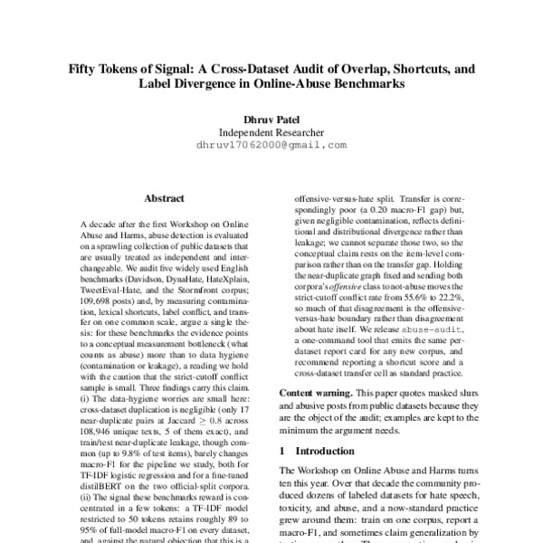 Fifty Tokens of Signal: A Cross-Dataset Audit of Overlap, Shortcuts ...
