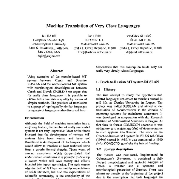 Machine Translation of Very Close Languages - ACL Anthology