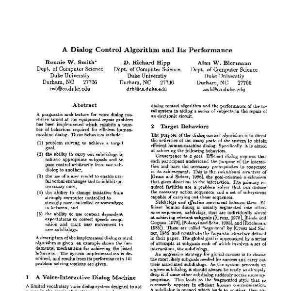 A Dialog Control Algorithm And Its Performance - ACL Anthology