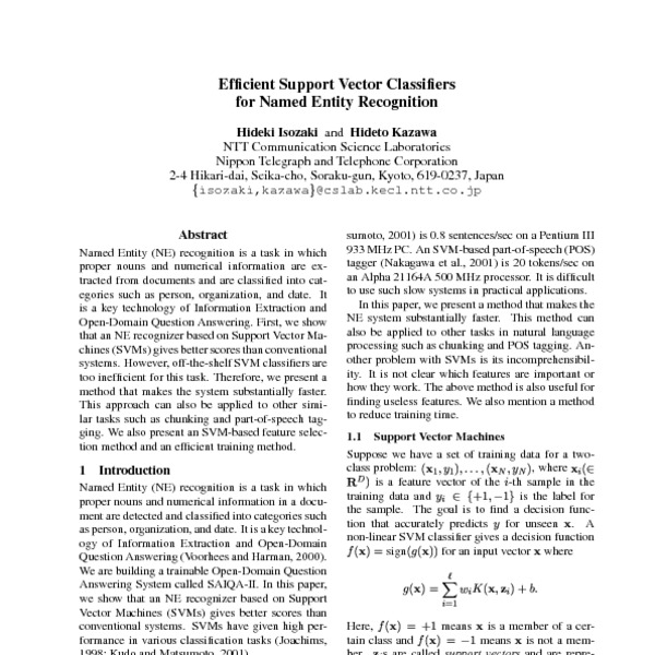 Efficient Support Vector Classifiers for Named Entity Recognition - ACL ...