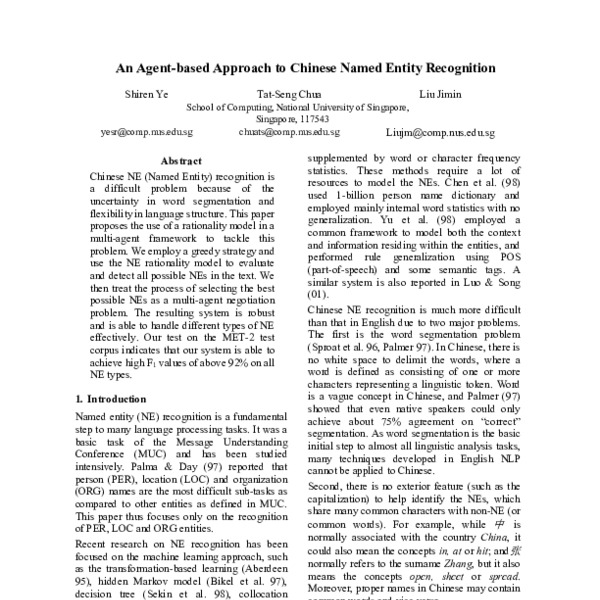 An Agent-based Approach to Chinese Named Entity Recognition - ACL Anthology