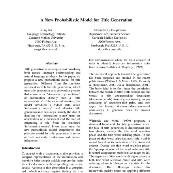 A New Probabilistic Model for Title Generation - ACL Anthology