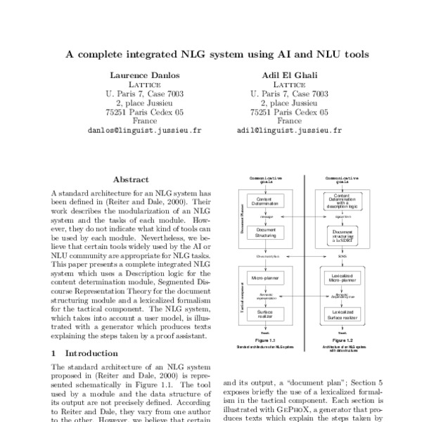 A Complete Integrated NLG System Using AI and NLU Tools - ACL Anthology