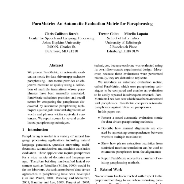 automatic evaluation metric for paraphrasing