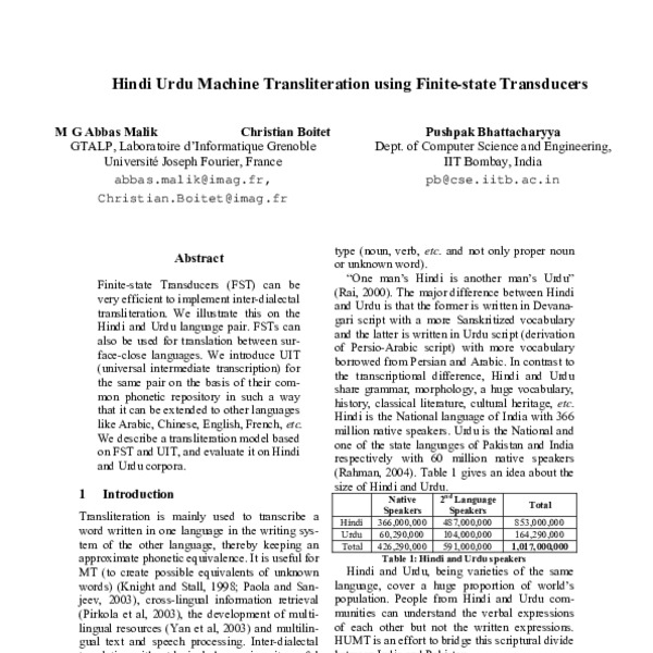 Hindi Urdu Machine Transliteration using Finite-State Transducers - ACL ...