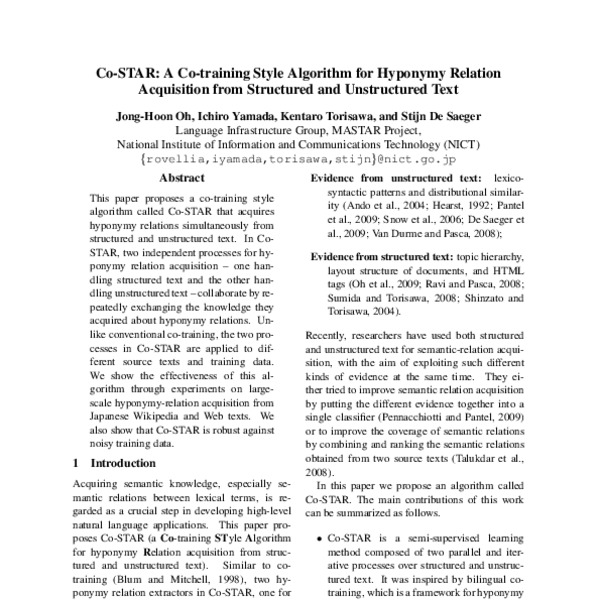Co-STAR: A Co-training Style Algorithm for Hyponymy Relation ...