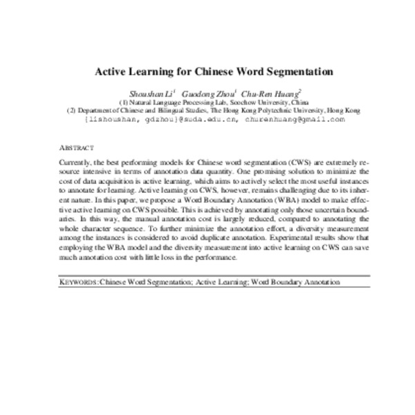 Active Learning for Chinese Word Segmentation - ACL Anthology