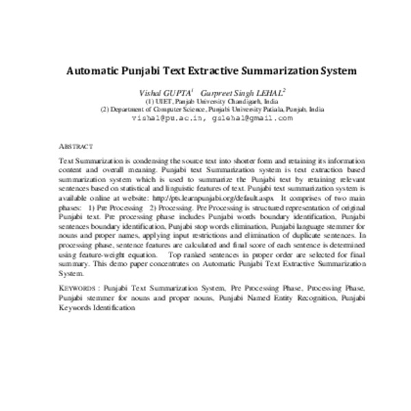 Automatic Punjabi Text Extractive Summarization System - ACL Anthology