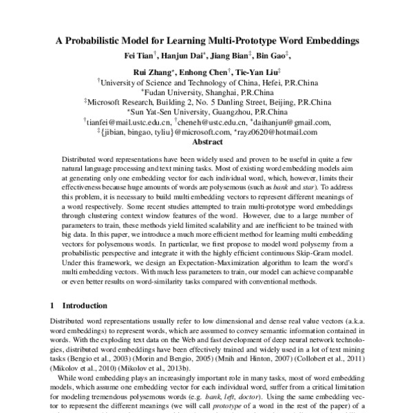A Probabilistic Model for Learning Multi-Prototype Word Embeddings ...