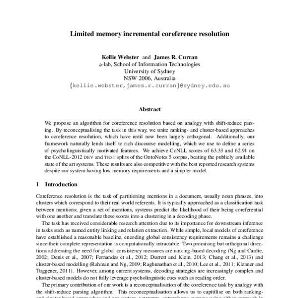 Limited memory incremental coreference resolution - ACL Anthology