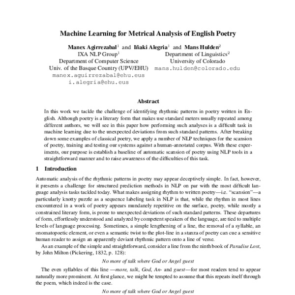 Machine Learning for Metrical Analysis of English Poetry - ACL Anthology