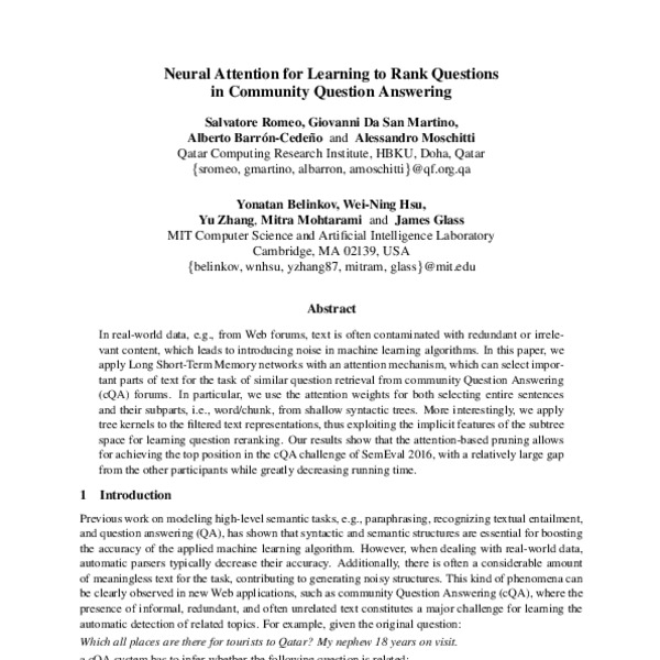 Neural Attention for Learning to Rank Questions in Community Question ...