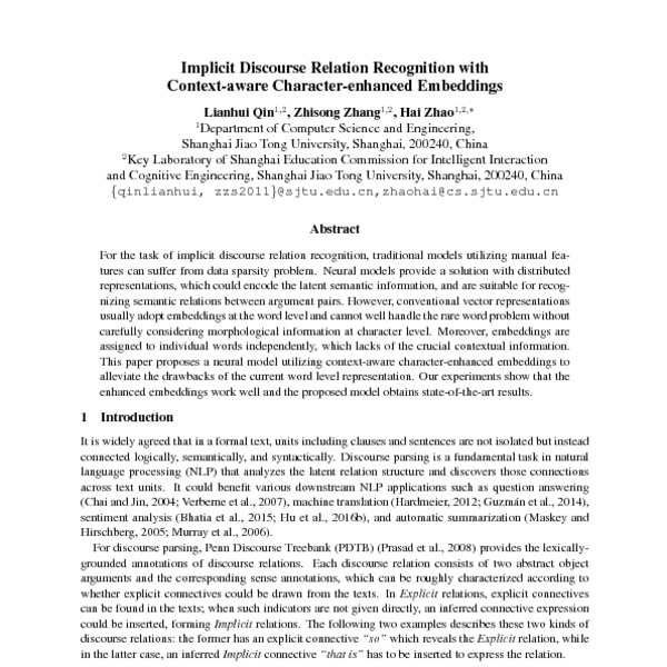 Implicit Discourse Relation Recognition with Context-aware Character ...