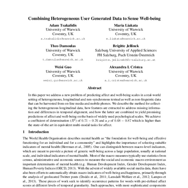 Combining Heterogeneous User Generated Data to Sense Well-being - ACL ...
