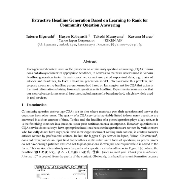 Extractive Headline Generation Based on Learning to Rank for Community ...