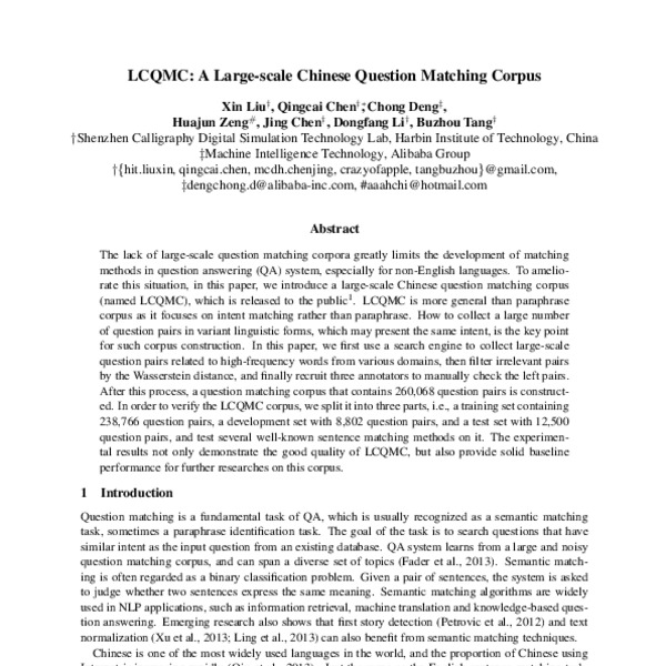 LCQMC:A Large-scale Chinese Question Matching Corpus - ACL Anthology