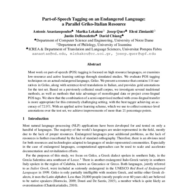 Part-of-Speech Tagging on an Endangered Language: a Parallel Griko ...