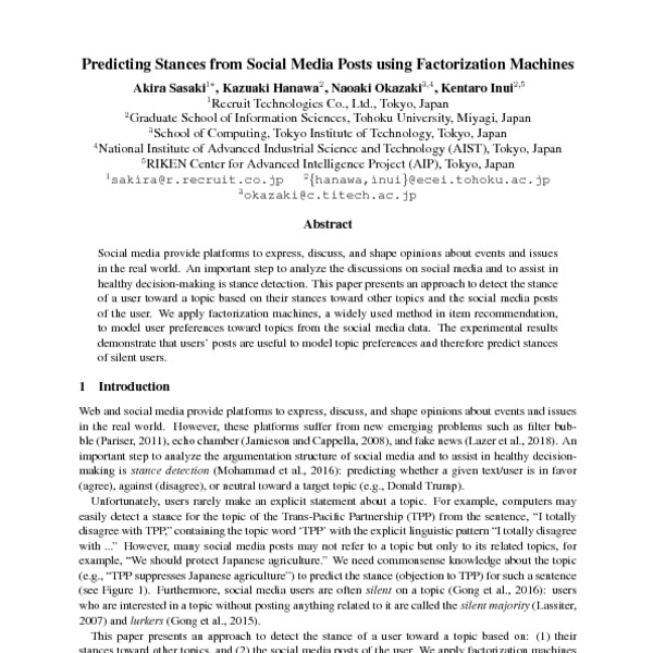 Predicting Stances from Social Media Posts using Factorization Machines ...