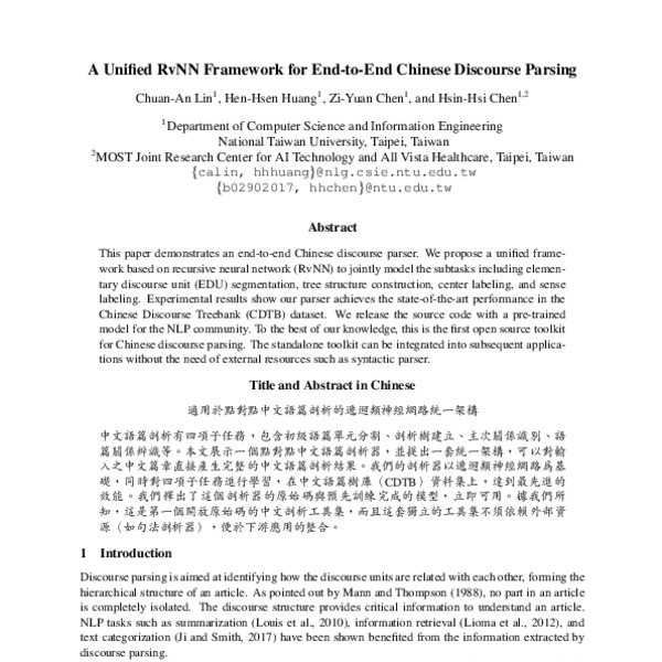 A Unified RvNN Framework for End-to-End Chinese Discourse Parsing - ACL ...