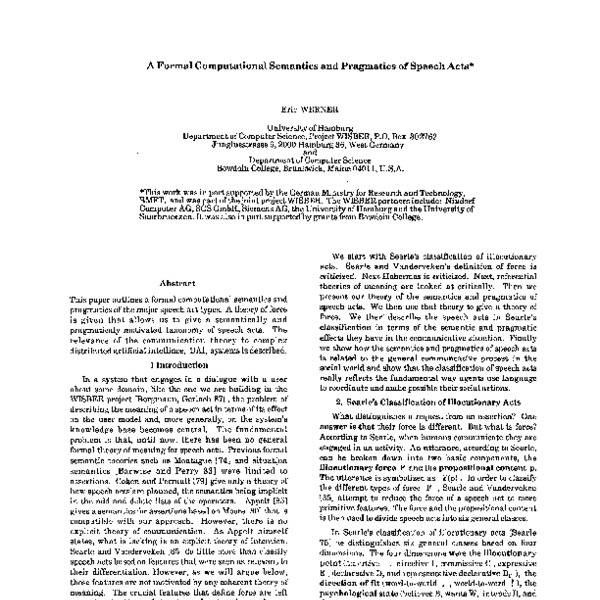 A Formal Computational Semantics and Pragmatics of Speech Acts - ACL ...