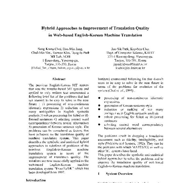 Hybrid Approaches to Improvement of Translation Quality in Web-based ...