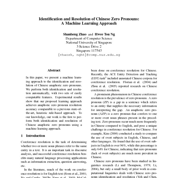 Identification and Resolution of Chinese Zero Pronouns: A Machine ...