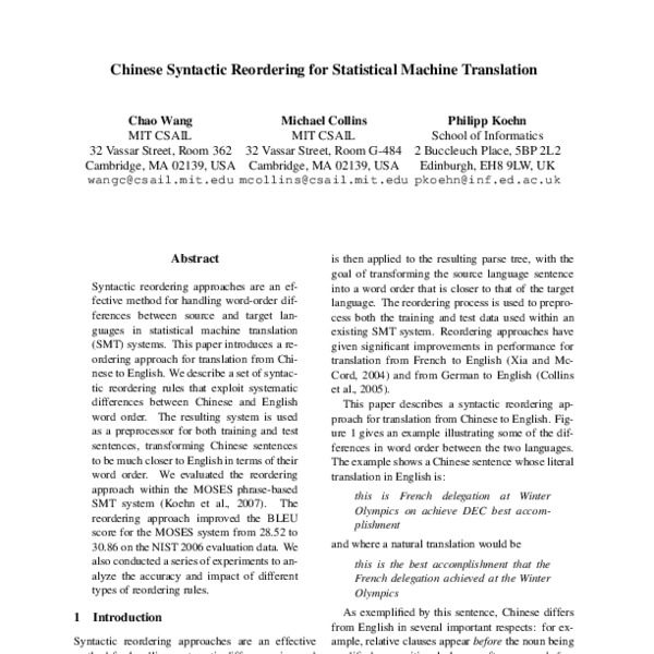 Chinese Syntactic Reordering for Statistical Machine Translation - ACL ...