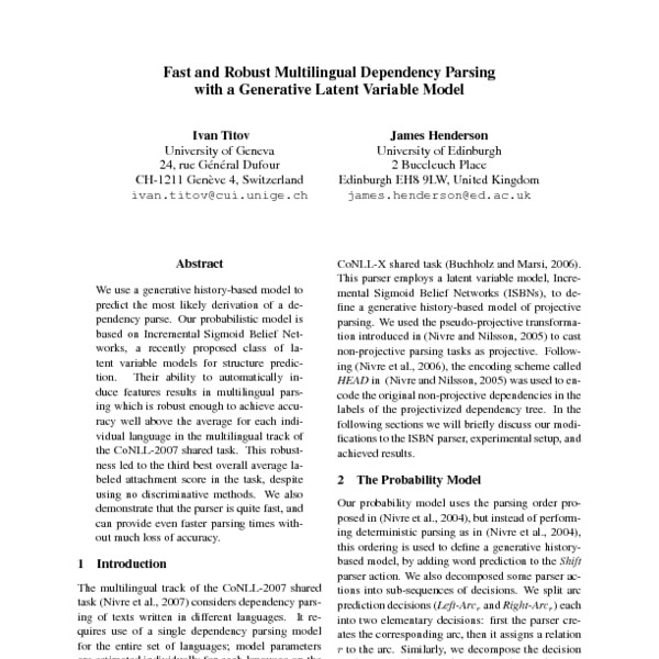 Fast And Robust Multilingual Dependency Parsing With A Generative Latent Variable Model Acl