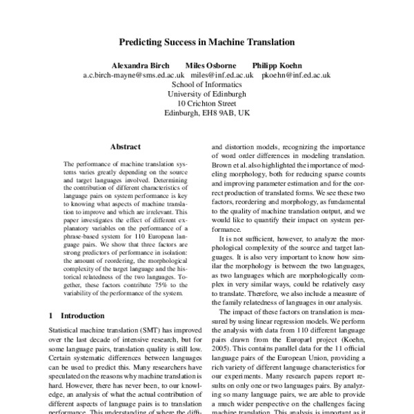 Predicting Success in Machine Translation - ACL Anthology
