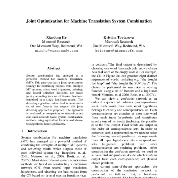 Joint Optimization for Machine Translation System Combination - ACL ...