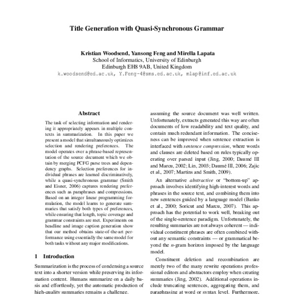 Title Generation with Quasi-Synchronous Grammar - ACL Anthology